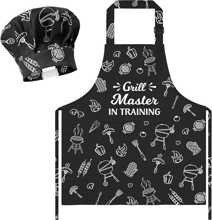 R HORSE Kid Apron and Chef Hat Set - 2Pcs Adjustable BBQ Mini Grill Children Kitchen Apron, Dress up Role Play Chef Toy Funny Cooking Baking Painting and Training Kits for Kids Birthday Gift