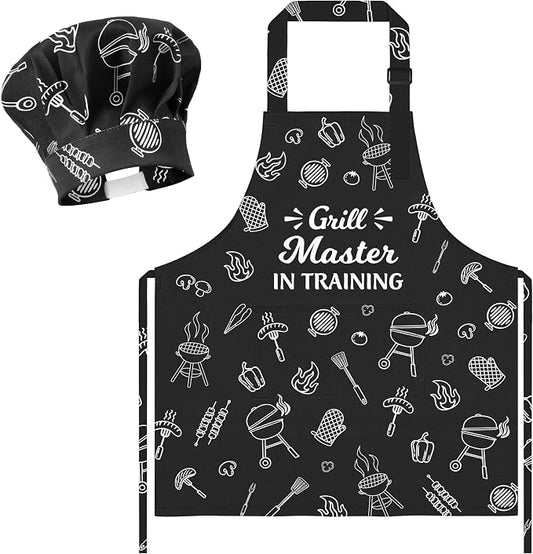 R HORSE Kid Apron and Chef Hat Set - 2Pcs Adjustable BBQ Mini Grill Children Kitchen Apron, Dress up Role Play Chef Toy Funny Cooking Baking Painting and Training Kits for Kids Birthday Gift