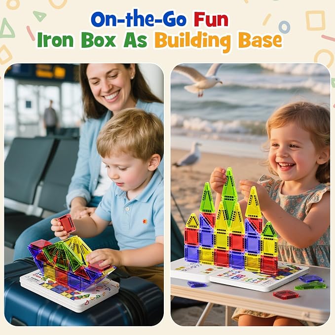 Mini Magnetic Tiles Travel Toys: Airplane Activities for Kids 3-8 | 40pcs Metal Box Play Base & Visual Storage Guide - Road Trip Essentials for Toddlers Quiet Games Portable Sets Must Haves