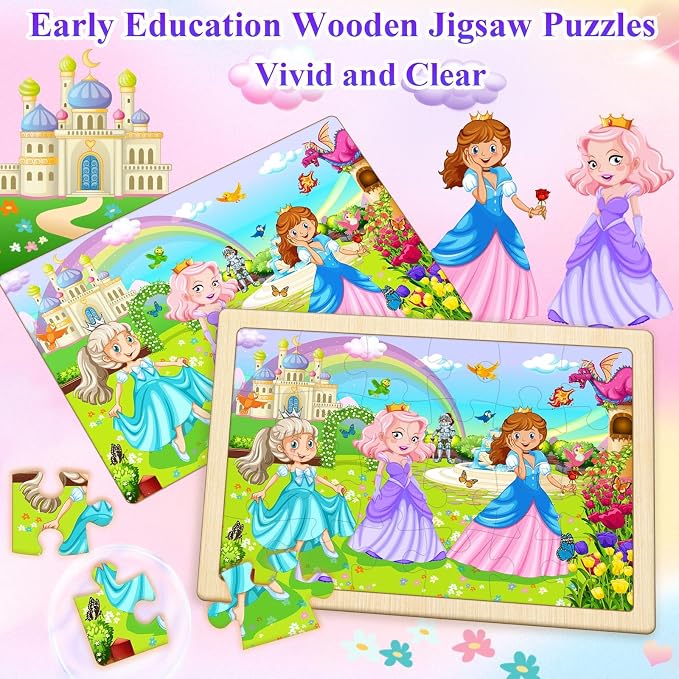 Wooden Puzzles for Kids Ages 4-6, 4 Pack 24 Pcs Toddler Puzzles Set for Ages 3-5, Educational Learning Toys Gift for Boys Girls 3 4 5 6 Year Old, Unicorn Mermaid Princess Elf Worlds