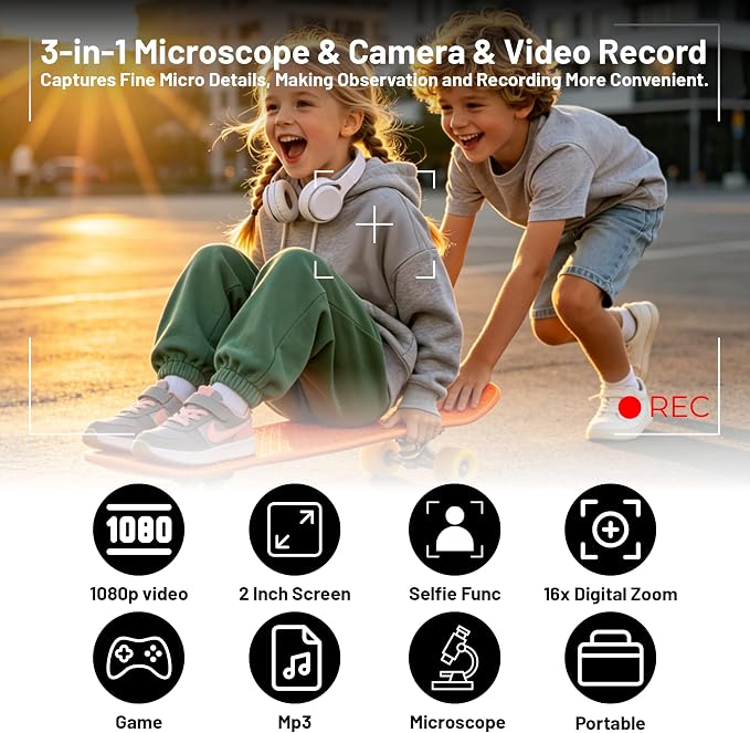 1000X Handheld Microscope for Kids 2.0" Screen 32GB Card Included | Rechargeable 3 in 1 Pocket Digital Kids Microscopes with Camera & Selfie Lens, Edu Science Kits for Kids 4-6 8-12 Blue