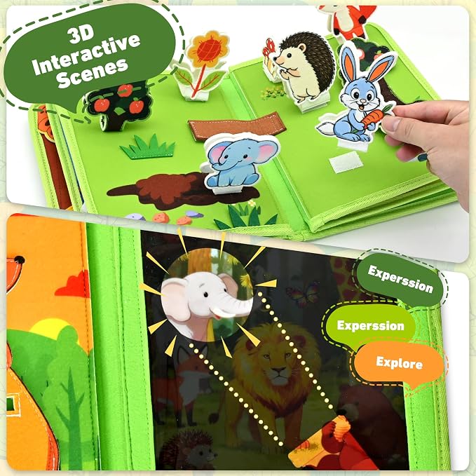 Busy Book for Toddlers 1–3, Montessori Animal Sensory Quiet Book, Fine Motor Skills Learning Toy for 1 2 3 Year Old Boys Girls, Educational Travel Toy for Airplane Car, Birthday Gift