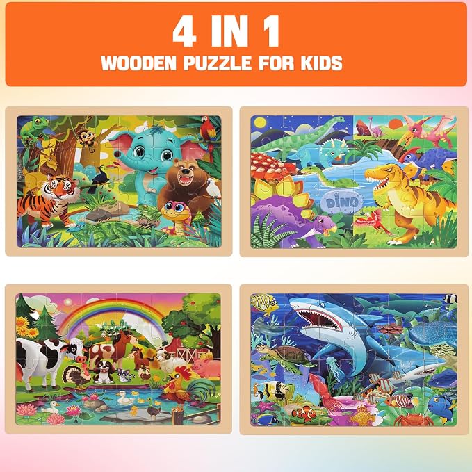 4 Packs 24 PCs Wooden Puzzles for Kids Ages 3-5, Montessori Toddler Jigsaw Puzzles, Preschool Educational Toys Gifts for Children Ages 4-8, Puzzles Boards Toys Gifts Easter Basket Stuffers