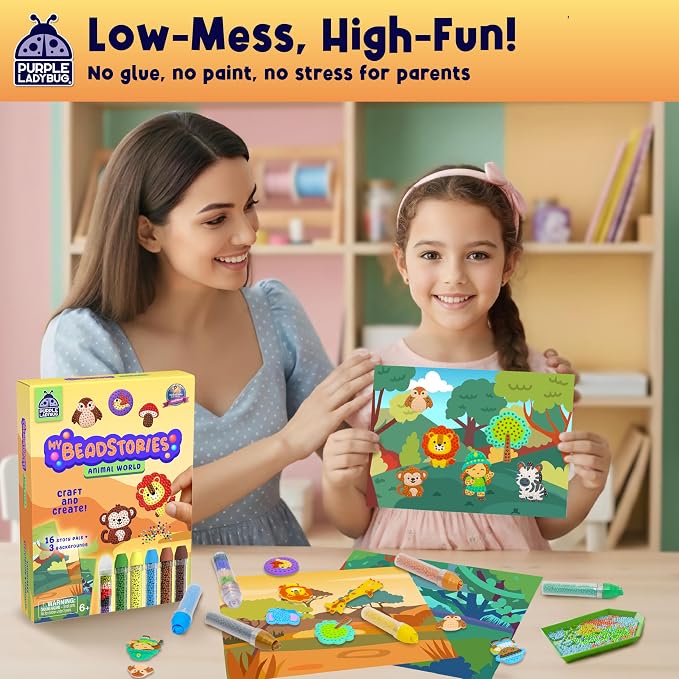 Magical Bead Painting for Kids - Animal World Theme Birthday Gift for Boys & Girls Ages 4-8 Years Old, DIY Mosaic Arts & Crafts Kit with Colorful Templates, Beads Pen & Creative Fun Set