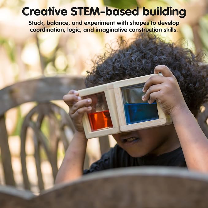 PlanToys® Water Blocks Wooden Montessori Sensory and STEM Building Toy | Light, Colour, Creativity and Fine Motor Skill Development | Eco Friendly Open Ended Learning Activity