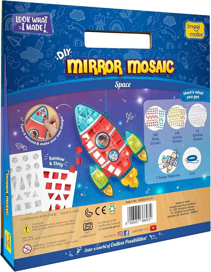 Imagimake Mirror Mosaic - Space, 5 Templates, 450+ Stickers | Mess-Free Craft Activity, Screen-Free Creative Art Kit for Kids, Birthday Gift for Boys & Girls Ages 3,4,5,6,7 Years Old