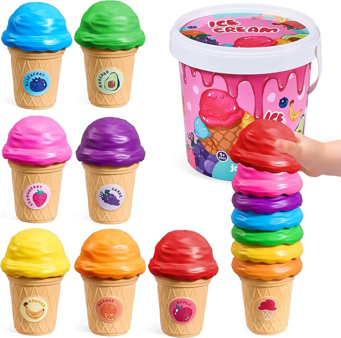 JoyCat Ice Cream Toy Set for Toddlers 1-5,Color Sorting & Stacking Toys | Match colors, stack scoops and serve pretend ice cream; included 7 cones and scoops support counting and little-hand play