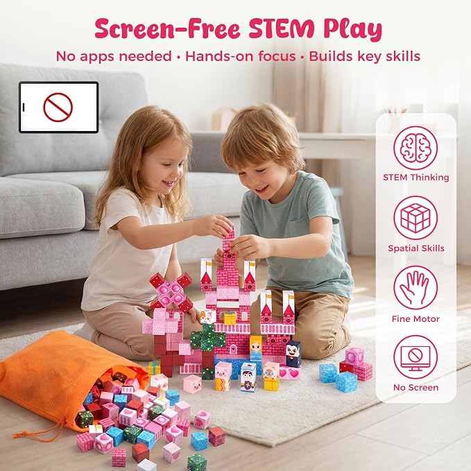 3 otters 150PCS Magnetic Blocks, with a Storage Bag, Princess Castle | Montessori Building Toys for Girls, Stem Thinking, Spatial Skills, Hands-on Focus, Hoilday Gifts