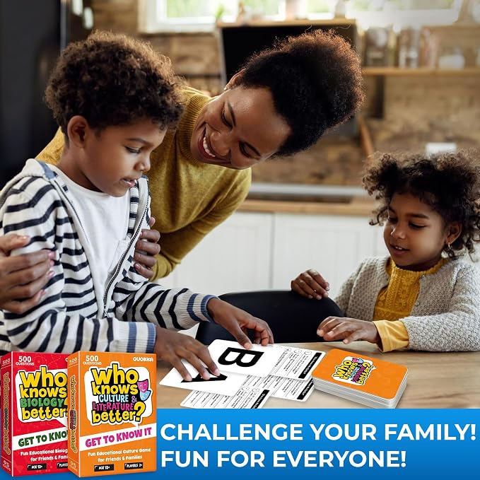 Card Games for Kids 8-12 - Set of 4 Board Family Games for Kids and Adults | Trivia Cards for Family Game Night - Who Knows It Better 2000+ Questions Across Biology, Culture, STEM and Math
