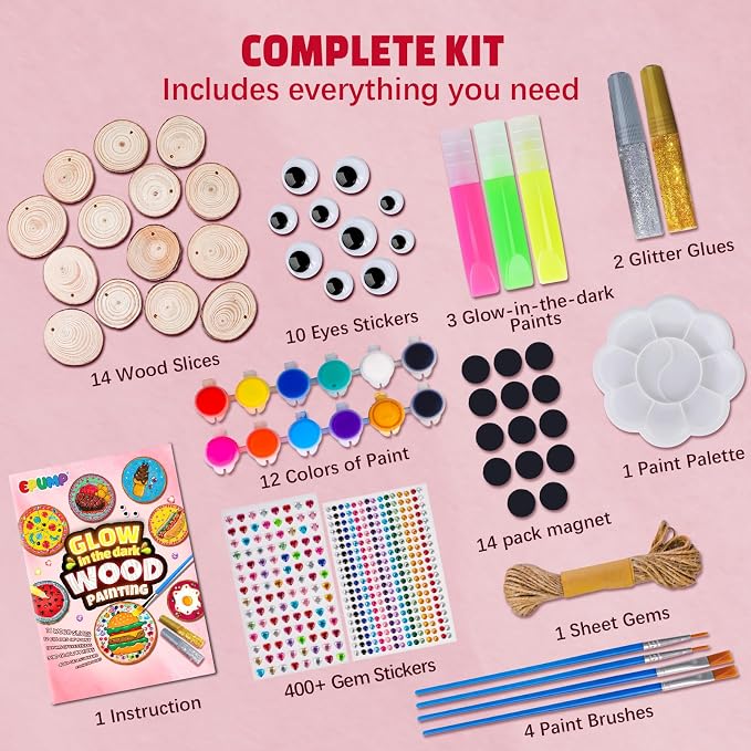 EPUMP Glow in the Dark Wooden Painting Kit for Kids with Magnets, Arts and Crafts Kit Creative Activity Toy, Art Kits Birthday Gift for Boys Girls Ages 6-12, Fun Indoor Outdoor Activities