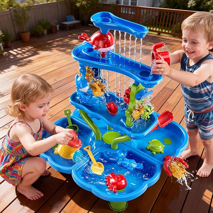 4-Tier Water Table for Kids 3-5, Summer Outdoor Beach Sensory Activity Playset Kids Sand and Water Table Toys, Birthday Gifts for Boys and Girls 3 4 5 6 7 8