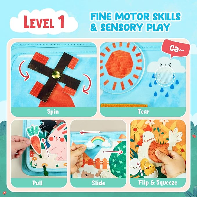 JoyCat Farm Busy Book for Toddlers 1-3, 21-in-1 Montessori Travel Quiet Toy | 21-in-1 farm busy book with Montessori activities supports fine motor skills, life skills and quiet travel play