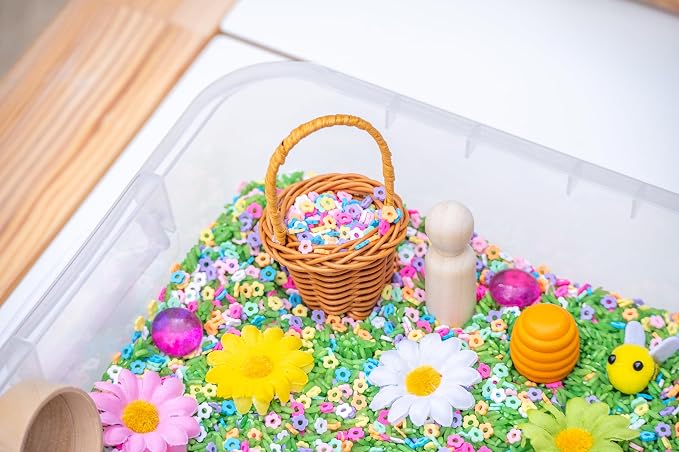 Spring Flower Sensory Bin Kit for Kids | Green Rice, Felt Bees, Wooden Eggs & Ladybugs, Floral Accessories & Wooden Tools – Includes Clear Storage Bin