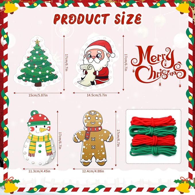 Christmas Lacing Card Motor Wooden Lacing Cards Fine Motor Skills | Christmas themed lacing cards designed to improve fine motor skills, focus, and hand-eye coordination.