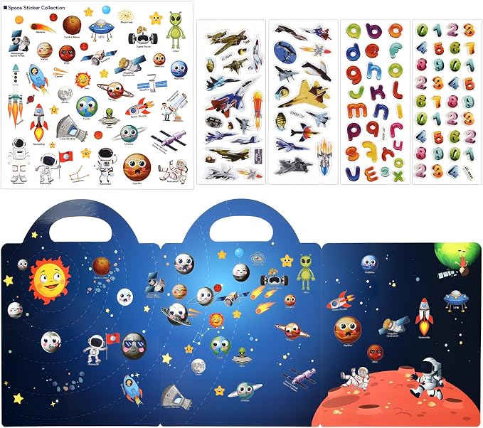 Space Sticker Book Toys, Travel Car Airplane Activities Gifts for Kids | 88 pcs Reusable Sticker,Waterproof Jelly Stickers, Portable Travel Toys,Educational Sensory Learning Toy,Gift for Boy Girl