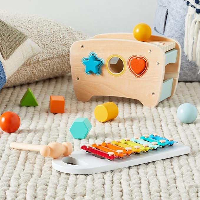 Amazon Basics Musical Pounding Bench With Xylophone and Shape Sorter Educational Toy for Toddlers, Developmental Learning Toy, Age 18M+, Boy Girl Baby, 11.6 x 5.2 x 6.3 inches, Multicolor