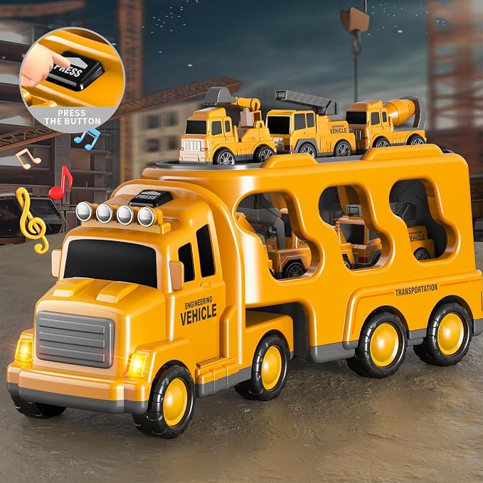 Beby Buty 8 in 1 Construction Trucks Cars Toys for Toddlers 3-5, Boy Toddler Car Truck Toys with Playmat and Light Sound, Birthday Gifts for 3 4 5 6 Year Old Boy