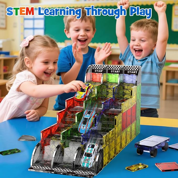 WMXDU Magnetic Road Track Set, 2-in-1 Playset with Curved Tiles | From Ramp Racing to Road Layouts, All in One Set, Unlock More Ways to Build & Play, Last for Kids 3-8
