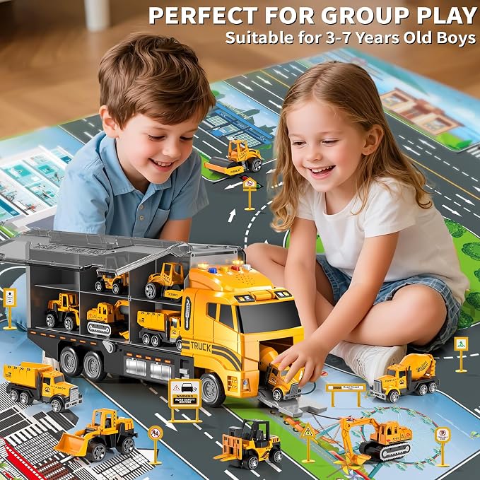 Toddler Boys Construction Truck Toy Set with Play Mat & Die-Cast Toy Cars | Toy Trucks for Boys Age 4-7, Construction Truck for Toddlers 3-5, Trucks for Kids Ages 4-8, Birthday & Christmas Gift for Boy