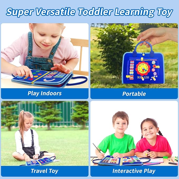 Toddlers Busy Board, Montessori Sensory Activity Board with Fine Motor Skills Learning Toys, Travel Toy for Airplane and Car, Educational Gift for Boys and Girls