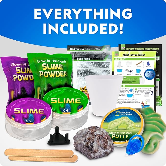 NATIONAL GEOGRAPHIC Mega Science Kit - Glow in The Dark Lab with Crystal Growing Kit, Slime Making, Glowing Putty, and More Science Experiments, Slime Kit for Boys and Girls (Amazon Exclusive) | Crystal Growing, Slime Making and Glowing Putty, Glow Sci...