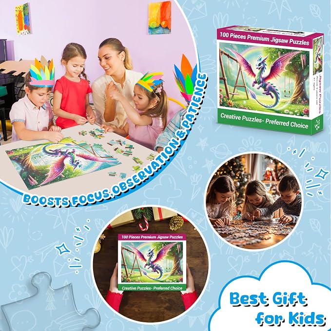 100 Piece Puzzles Rainbow Fly Dinosaur for Kids Girls Boys Ages 4-10 | Learning Educational Jigsaw Puzzles Toys with Full-size Poster, Holiday/ Birthday/Party/School Gifts for Children