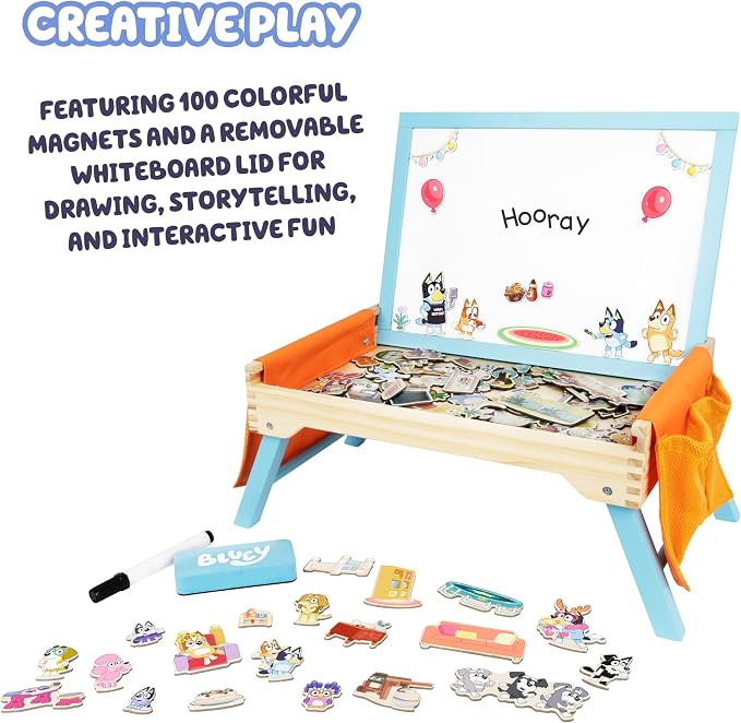 Bluey Art Creation Station, 100 Magnets & Whiteboard Lid | Foldable legs, storage pockets for magnets, portable design; Bluey activity set for kids ages 3-5