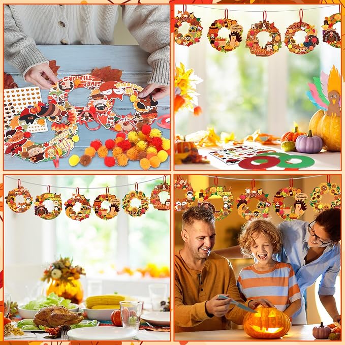 Hollowfly 48 Sets Thanksgiving Paper Wreath Craft Kits | Give Thanks and Grateful Designs, DIY Hanging Ornaments for Fall Home Decor, Party Favors and Classroom Activities