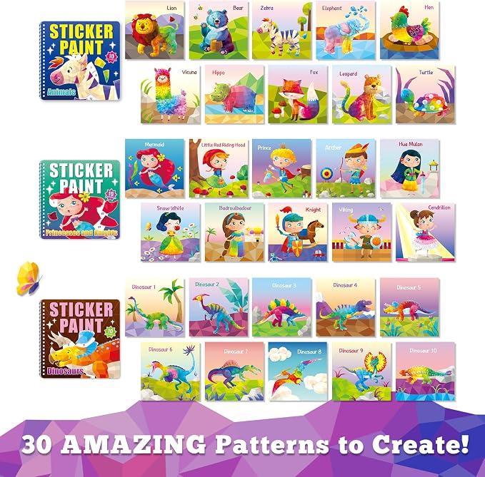 Elite Panda Sticker by Number Books for Kids Ages 4-8, 3-Pack, Mermaid Dino | 30 Sticker Pictures. Paint with Stickers Activity for Girls & Boys. Travel Toys, Car Rides & Quiet Time. Birthday Gift