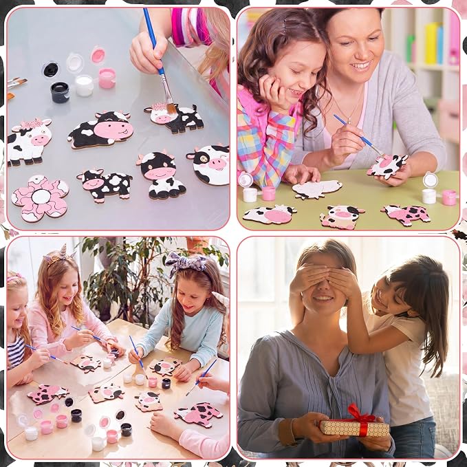Saypacck 24 Pcs Party Favors Wooden Painting Craft Kits Birthday Party Supplies with Organza Bag for Goodie Bags Fillers Adult Thank You Gifts(Cow)
