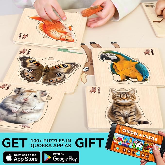 Wooden Puzzles for Toddlers 1-3 - 6 Montessori Kids Puzzles Ages 2-4 | Realistic Toddler Puzzles 15x15 Inches — Birds, Animals, Fish and Butterfly — Educational Motor Skills Toys