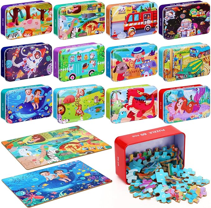 Silipull 12 Boxes Party Favors Jigsaw Puzzles in a Metal Box for Age of 4-8, Wooden Puzzle for Ages 4-8 Learning Educational Jigsaw Pieces Toys, 12 Styles(Lovely)(Novel)