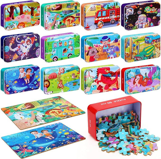 Silipull 12 Boxes Party Favors Jigsaw Puzzles in a Metal Box for Age of 4-8, Wooden Puzzle for Ages 4-8 Learning Educational Jigsaw Pieces Toys, 12 Styles(Lovely)(Novel)