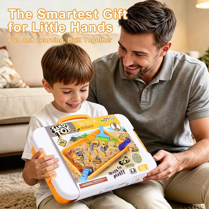 Construction Sensory Bin, 3.3lbs Sensory Sand, Play Sand for Kids 3+ | Sand Construction Site Kit, Construction Trucks, Traffic Signs, Worker Figures, Pretend Play Sand Toys for Boys Ages 3+