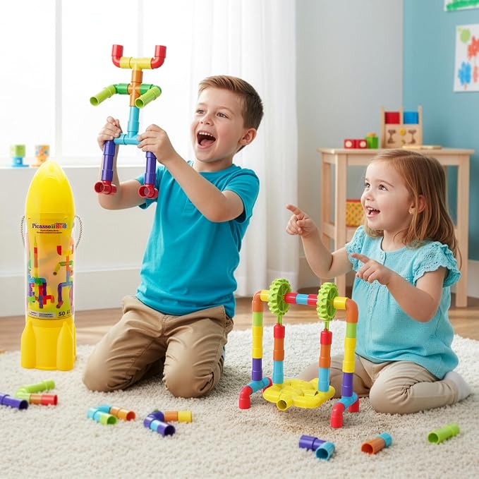 PicassoTiles Pipe Tube Construction Building Toys Stacking Toy Puzzle Game for Early Learning Montessori Playset Educational Connector Blocks Brain Development Kit Ages 3+ Toddler Boys & Girls PTT137
