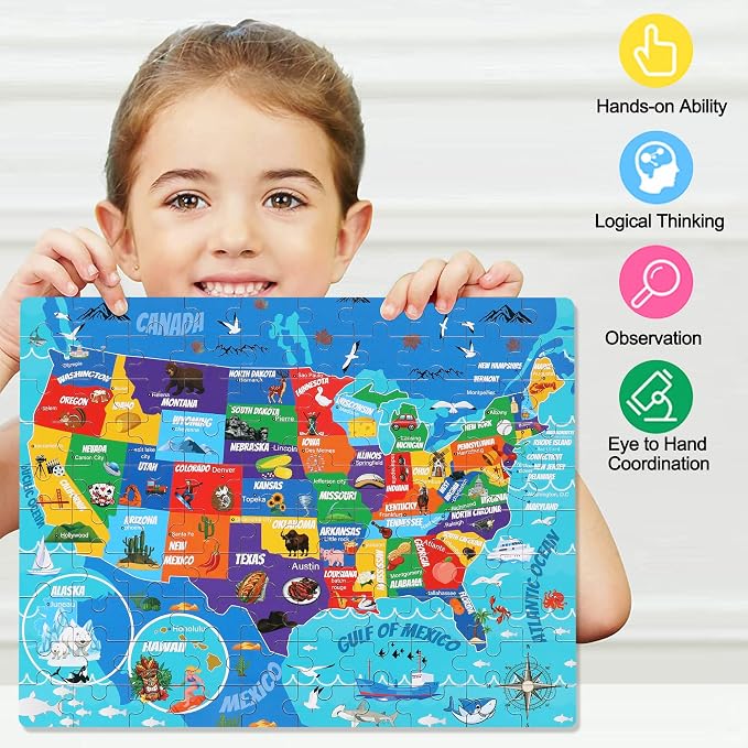 LELEMON United States Puzzles for Kids Ages 4-8,100 Pieces USA Sea Map Jigsaw Puzzles in a Metal Box,Fun America Map Learning Educational Toys for Boys Girls