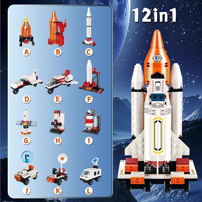 12-in-1 Space Shuttle Educational Building Toys for Kids 6-12 | STEM Learning & Space Toys featuring heavy transport rocket and launcher. Perfect Birthday Gifts for kids (566 pcs)