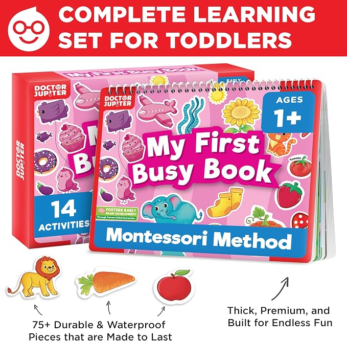 Doctor Jupiter My First Montessori Busy Book for Kids Ages 1-2-3 Year Old | Birthday Gift Ideas for Girls Ages 1,2,3, My First Montessori Busy Book, Toddler Learning Activities, Educational Travel Toy