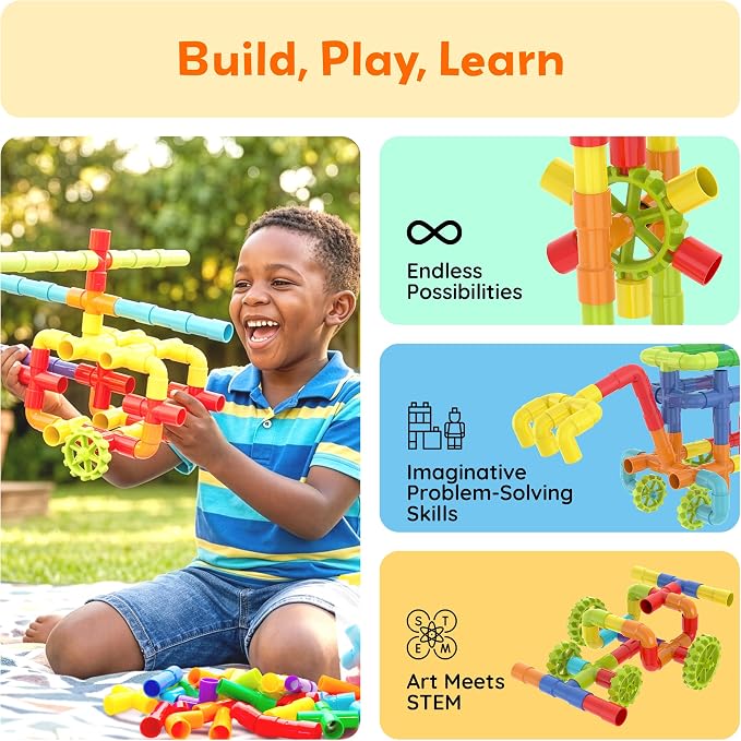 PicassoTiles 100PCS STEM Pipe Building Playset Interlocking Tube Construction Toy with Wheels and Clear Storage Box Educational Learning Toys for Preschool Montessori Kids Age 3+ Boys and Girls PTT139