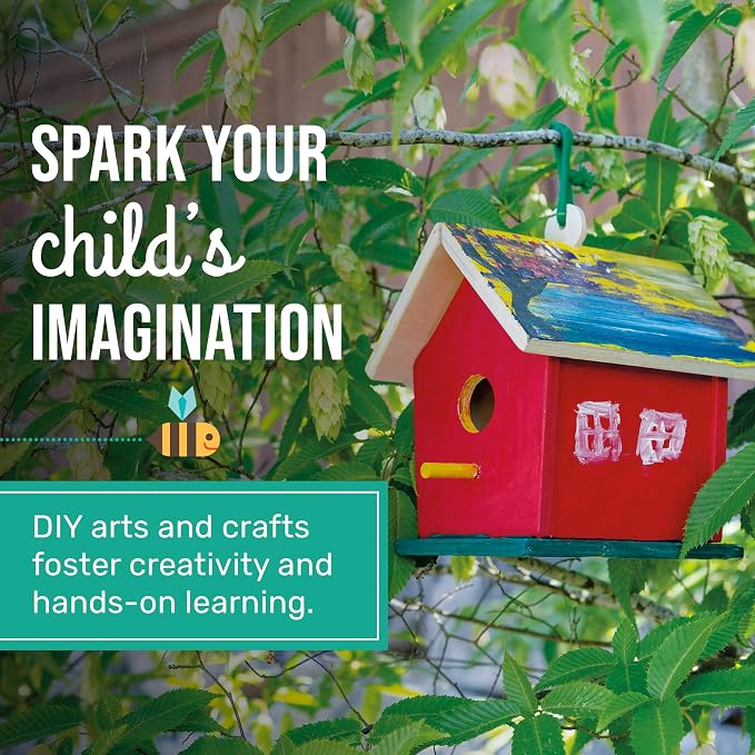 Beetle & Bee Build A Bird Bungalow - DIY Kid Art Craft Outdoor Birdhouse Kit, House Painting Kit for Kids, Hardware Glue Included- 4 Paints, 1 Brush, 7 Wooden Pcs, Chain For Tree Hanging Age 5+ | Includes Paints, Brush, Glue, Nails, Chain, Instructions...