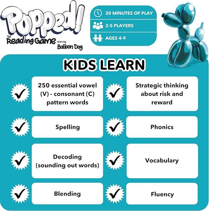 Popped! Reading Game - Learn Reading Skills in Weeks - Exciting Phonics Game for Kids Ages 4-9 - CVC Educational Game Must Haves for Preschool, Kindergarten, 1st - 3rd Grade