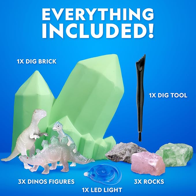 National Geographic Glow-in-the-Dark Rock and Dinosaur Dig Kit for Kids | 6 Glow-in-the-Dark Rocks and Dinosaurs, Glowing Dig Brick, Excavation Tools, Rock Collection, STEM Activity, Birthday Gift