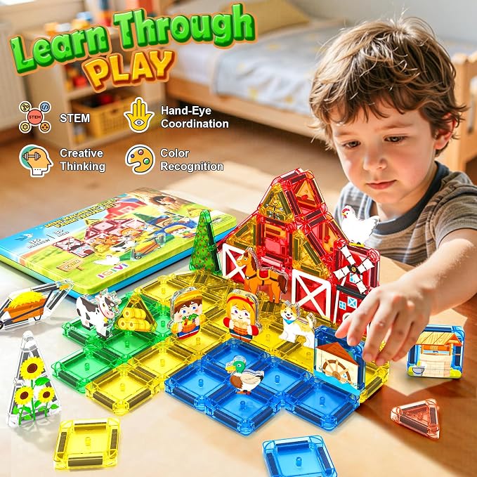 Mini Magnetic Tiles Farm Travel Set, Magnet Building Blocks for Toddlers, STEM Travel Toys with Metal Storage Box, Christmas Birthdays Gifts for Kids Ages 3+