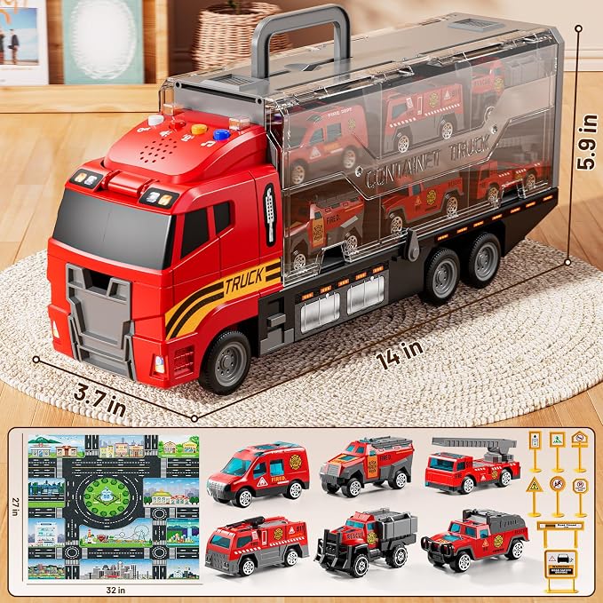 Carrier Truck Toddlers Toys for 3 4 5 6 7 Years Old Boys, Toy Truck Transport Car & Die-Cast Car and Play Mat, Fire Toys Birthday Gifts for Kids 3 4 5 6 7 8+ Years Old Boys Girls