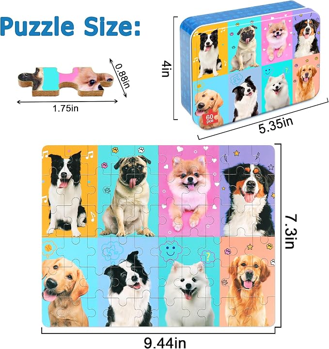 LELEMON Puzzles for Kids Ages 4-6,60 Piece Puzzles for Kids in Metal Box | Dog Children Jigsaw Puzzles for Kids Ages 3-5 Kids Puzzles,Educational Learning Puzzle Toys for Girls and Boys