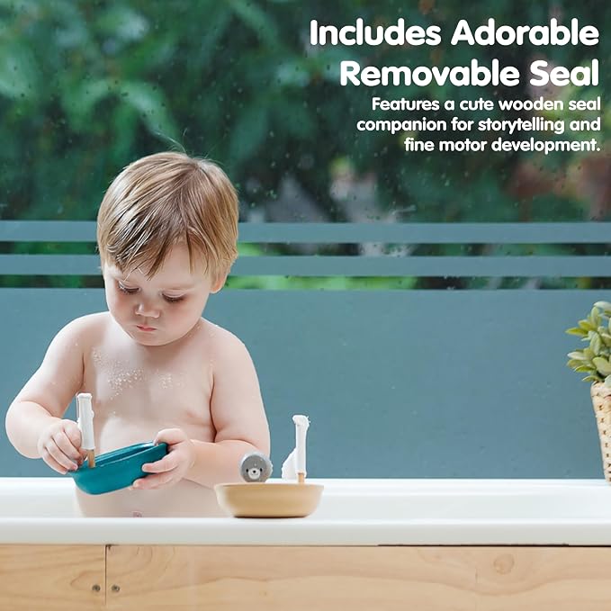 PlanToys® Wooden Sailing Boat Toy with Seal, Kids Bath Time Water Play Toy | wooden sailing boat with seal, bath time water play, floating imaginative toy, gentle sensory exploration, kids toddlers play