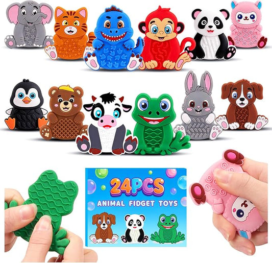 Silicone Sensory Fidget Toys for Kids Toddlers, 24 Pack Animal Texture Stress Relief Toys for Kids Autism Calming, Special Needs for Autism ADHD, Quiet Fidgets for Kids Classroom, Toddlers Travel Toys