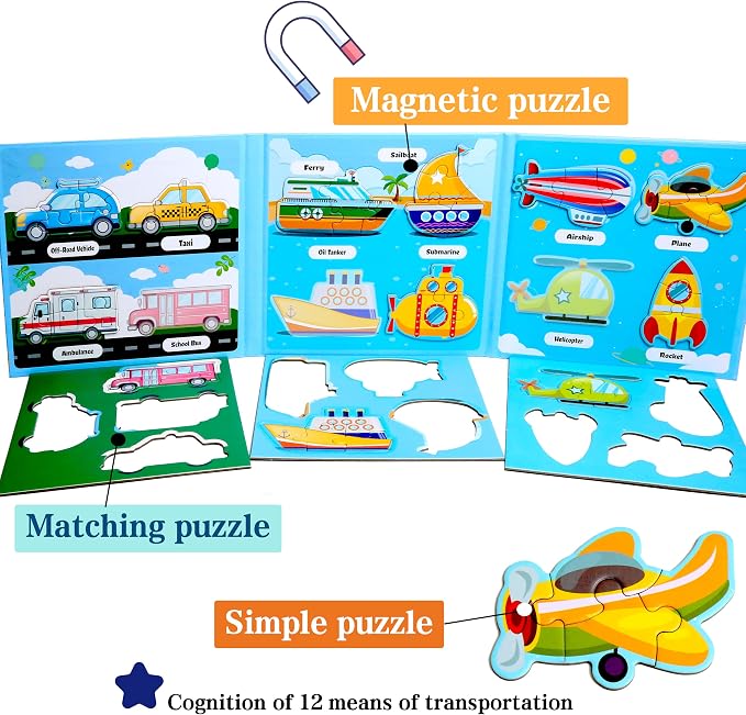 Magnetic Puzzles for Kids Ages 3-5, Travel Toddler Car Puzzle Toy | Refrigerator Magnet Game for Ages 4-6, Learning & Birthday Gift for Boys, Car Airplane Road Trip Quiet-Time Activity Toys