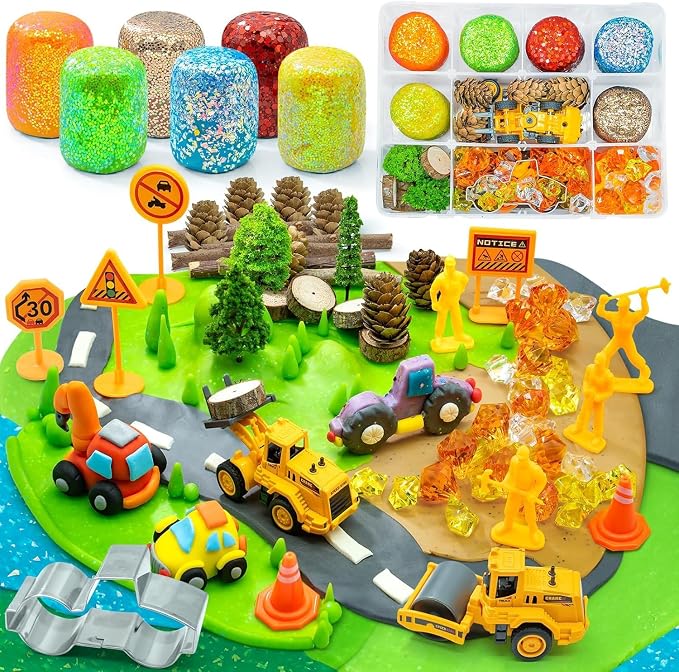 SIMPLIPLAY Construction Sensory Kit with 6 PCS 18oz Glitter Doughs | Color Dough Set & Accessories(About 80pcs), Construction Boy Sensory Kit with Toy Trucks for Kids Toddlers Creative Gift