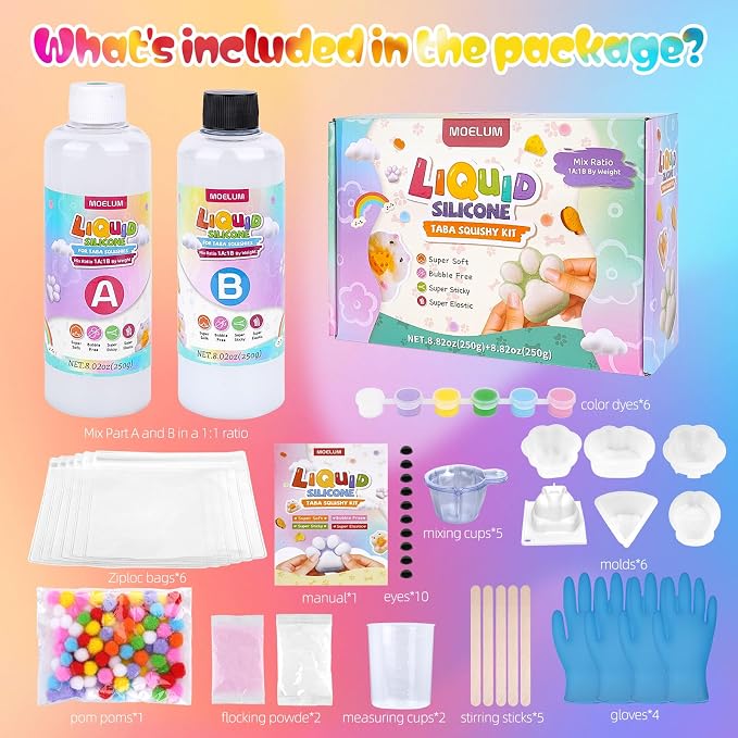Taba Squishy Making Kit, DIY Taba Squishy Kit, 18oz Liquid Silicone | with 6 Silicone Molds, Bubble-Free Liquid Silicone, Fast 2-3H Cure with Easy Guide, Ultimate Craft Gift for Beginners